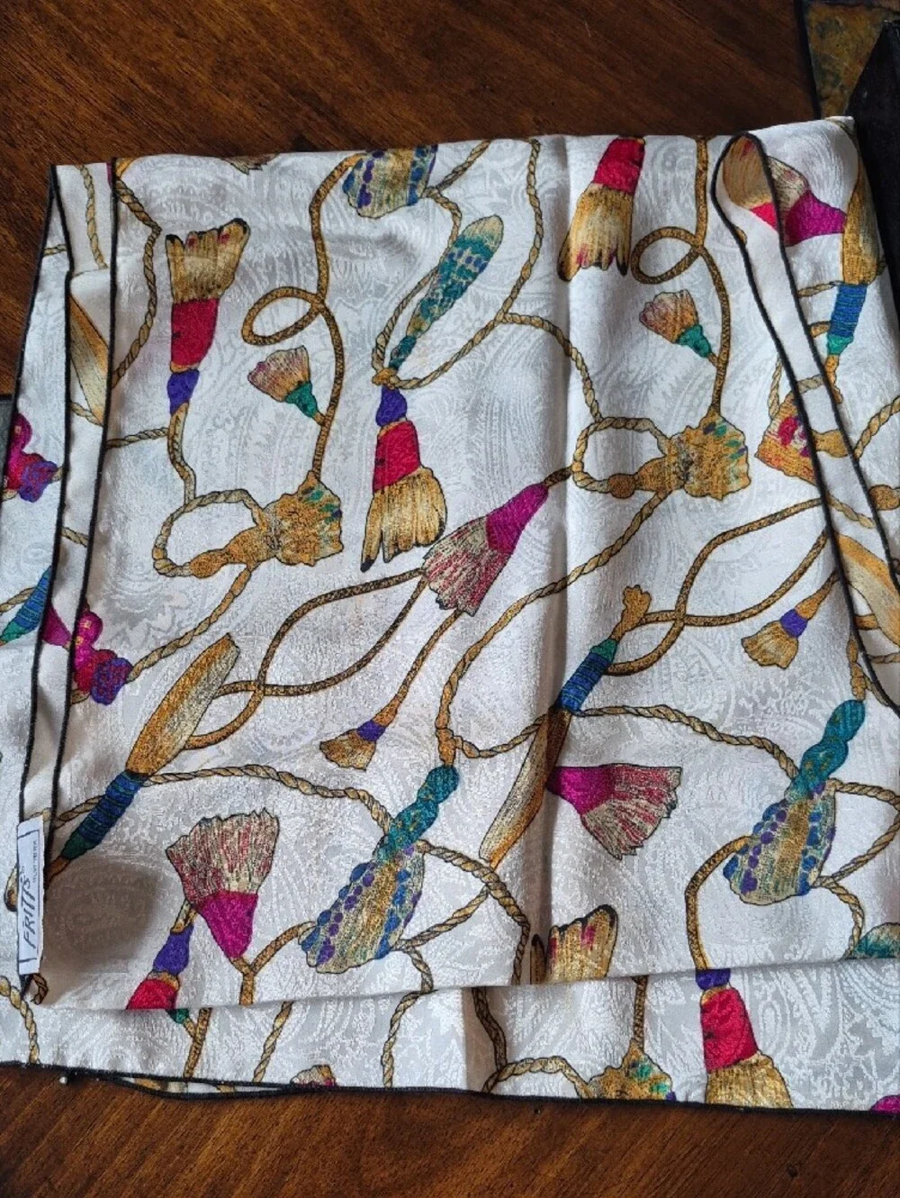 Vintage Fritt's Of New York Ivory Tassel-Print Silk Scarf 13.5